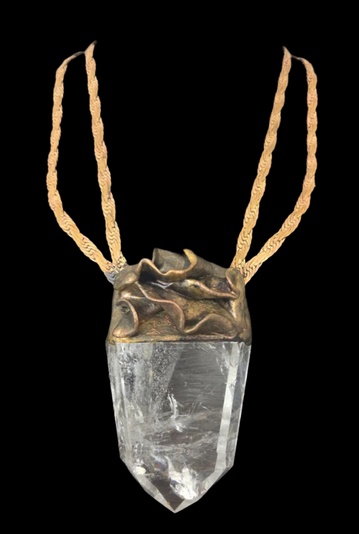 Sculpted Crystal Point Unisex Amulet With Vintage Brass & Copper Chain