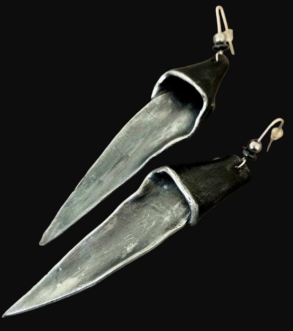 Sculpted Blade Gunmetal Shoulder Duster Pierced Earrings - Badass