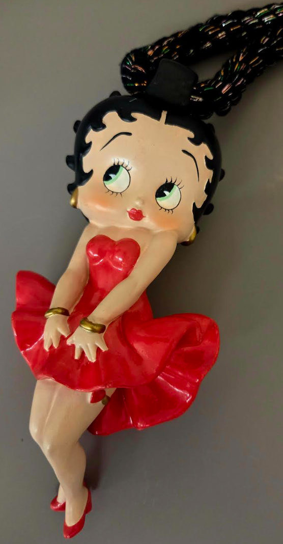 Betty Boop Figurine Pendant With Black Cotton Rope & Metallic Threads