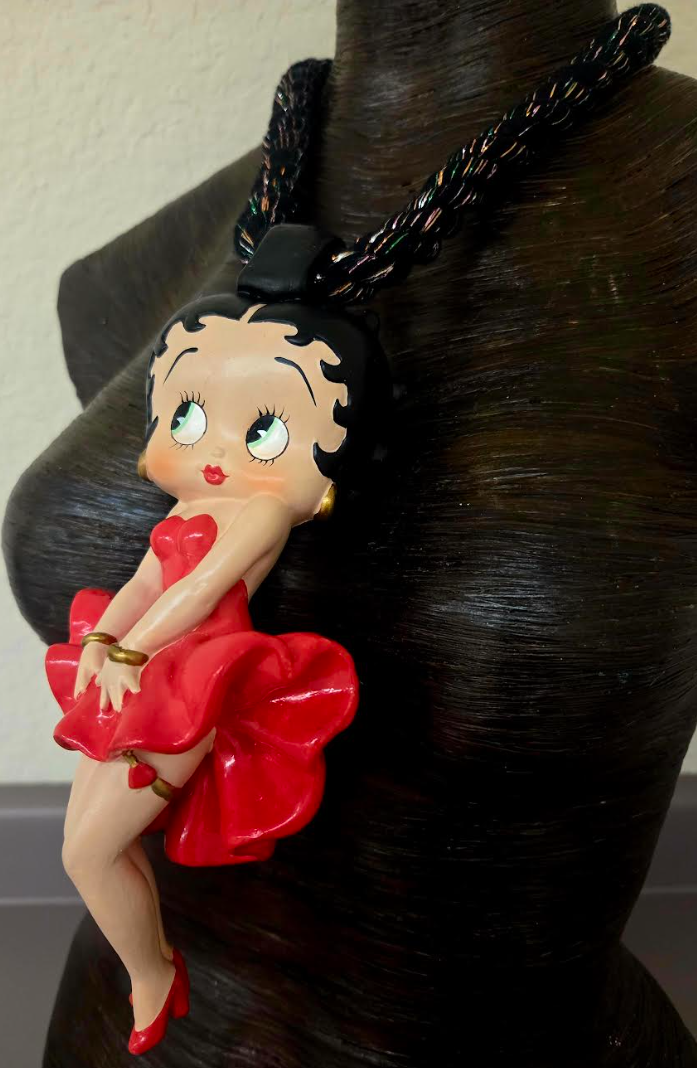 Betty Boop Figurine Pendant With Black Cotton Rope & Metallic Threads