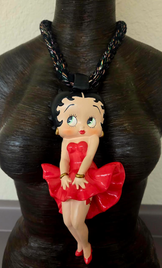 Betty Boop Figurine Pendant With Black Cotton Rope & Metallic Threads