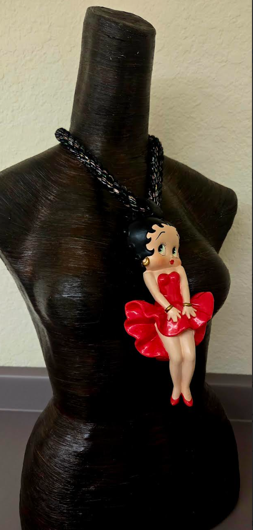 Betty Boop Figurine Pendant With Black Cotton Rope & Metallic Threads