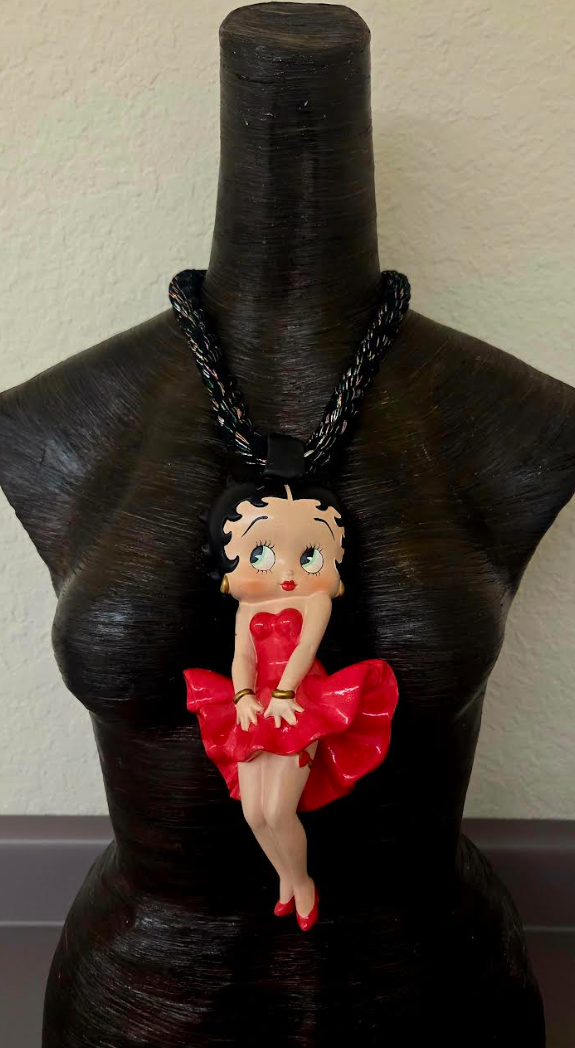 Betty Boop Figurine Pendant With Black Cotton Rope & Metallic Threads