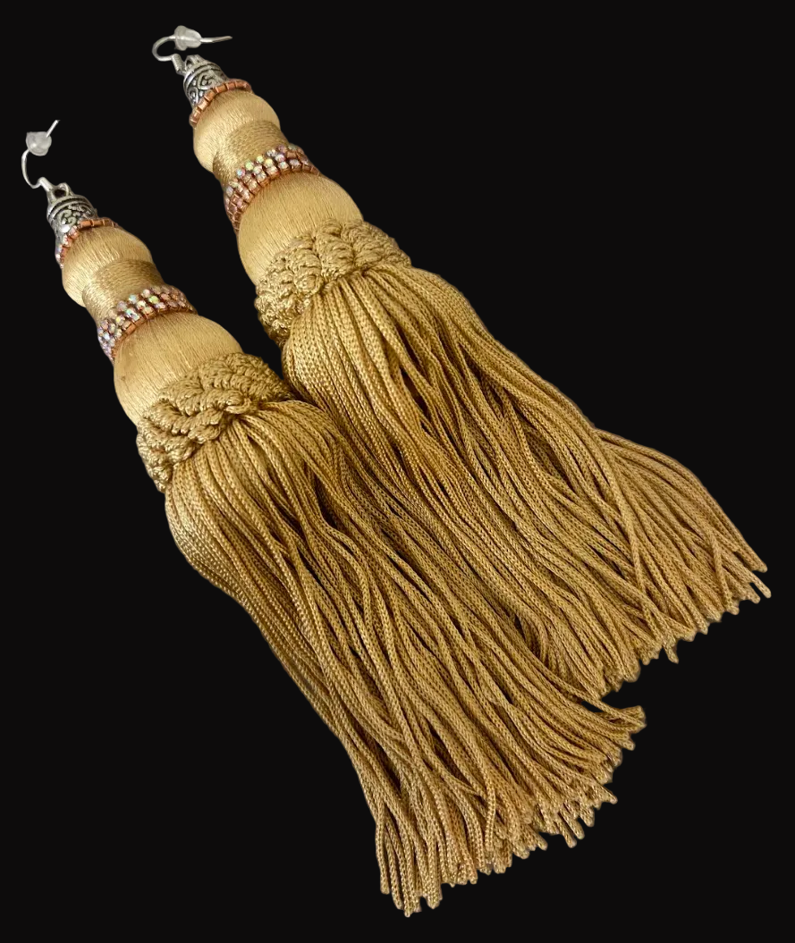 Huge Gold Tassle Pierced Earrings with Aurora Borealis Trim - OOAK