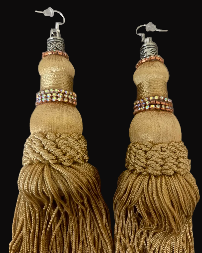 Huge Gold Tassle Pierced Earrings with Aurora Borealis Trim - OOAK