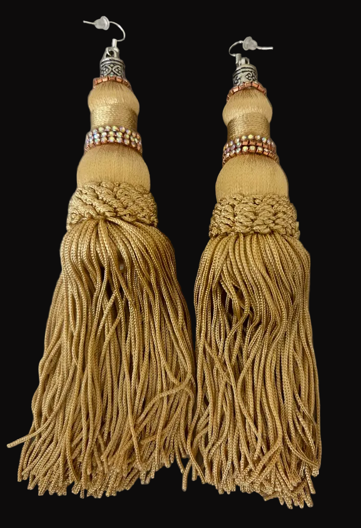 Huge Gold Tassle Pierced Earrings with Aurora Borealis Trim - OOAK