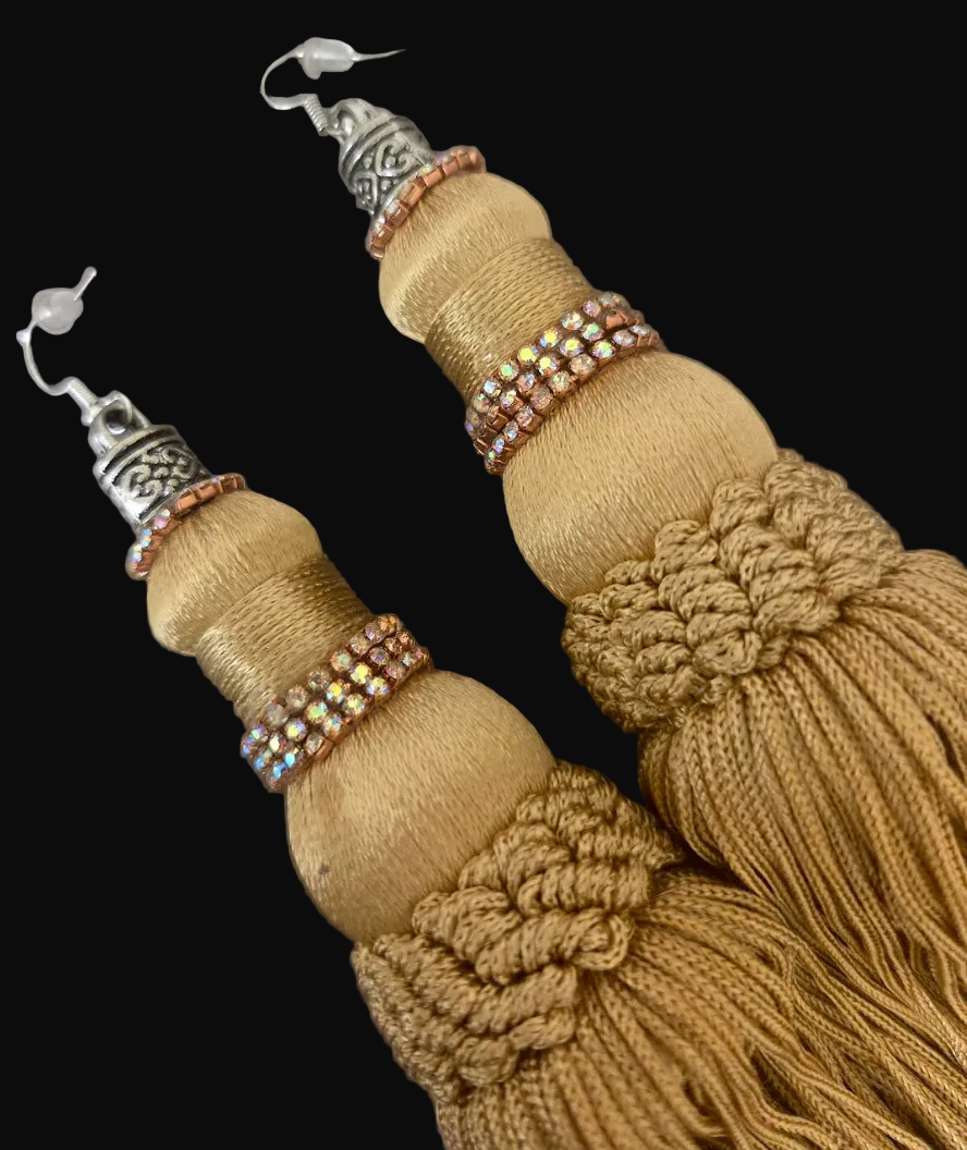 Huge Gold Tassle Pierced Earrings with Aurora Borealis Trim - OOAK