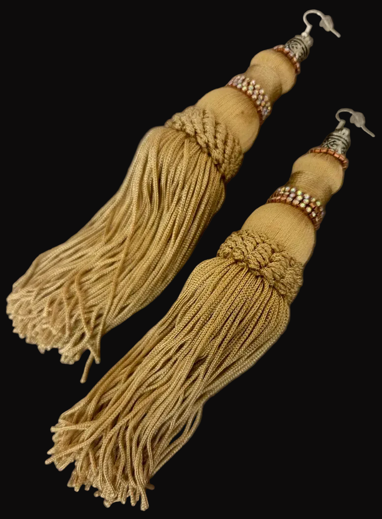 Huge Gold Tassle Pierced Earrings with Aurora Borealis Trim - OOAK