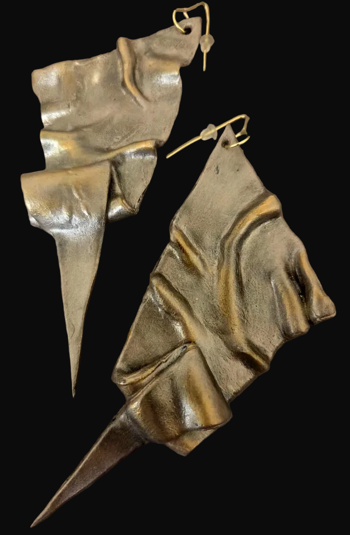 Hand Sculpted Brutalist Faux Metal Pierced Earrings - OOAK