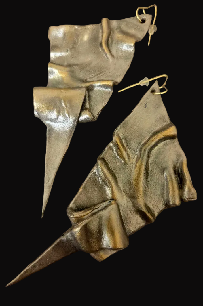 Hand Sculpted Brutalist Faux Metal Pierced Earrings - OOAK