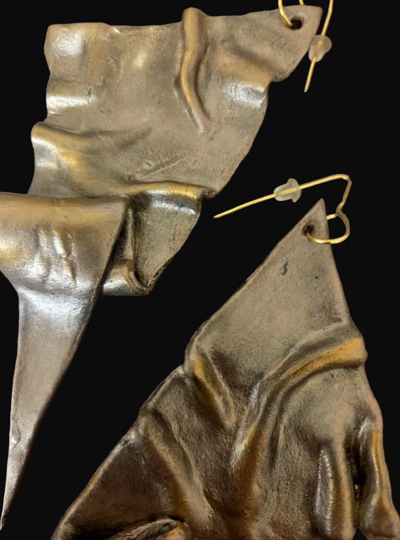 Hand Sculpted Brutalist Faux Metal Pierced Earrings - OOAK