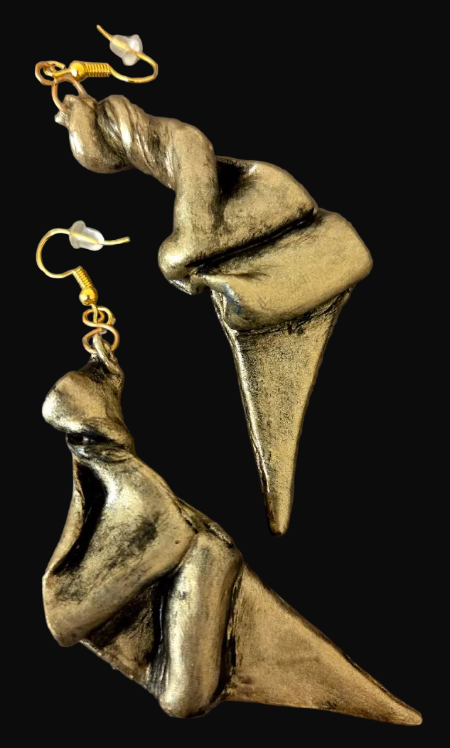 Faux Gold Metal Hand Sculpted Art Deco Style Pierced Earrings - OOAK
