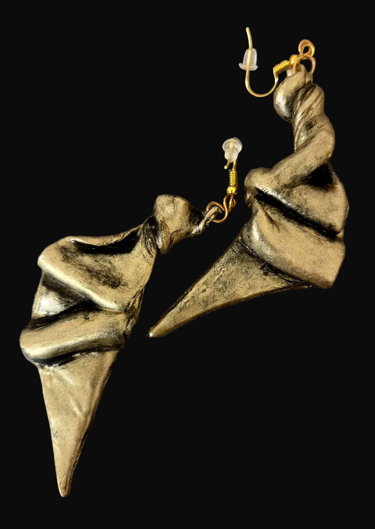 Faux Gold Metal Hand Sculpted Art Deco Style Pierced Earrings - OOAK