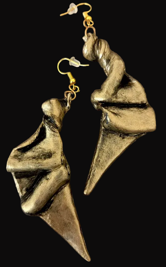 Faux Gold Metal Hand Sculpted Art Deco Style Pierced Earrings - OOAK