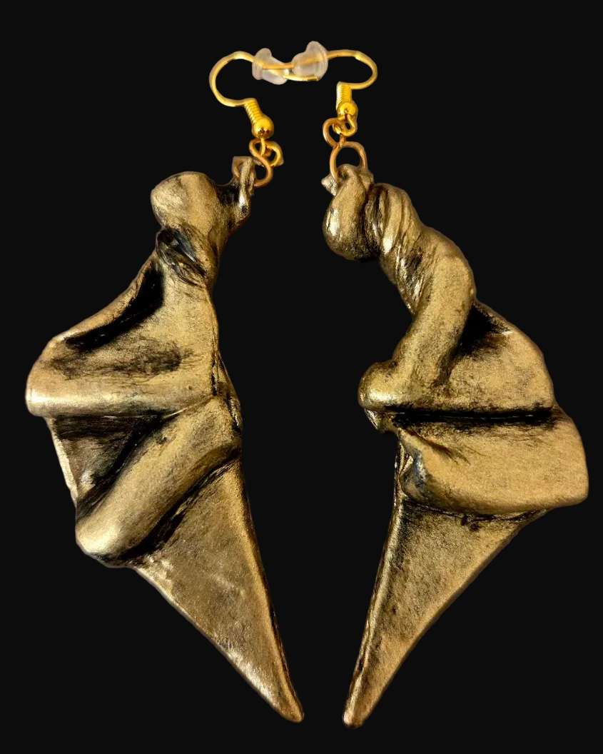 Faux Gold Metal Hand Sculpted Art Deco Style Pierced Earrings - OOAK