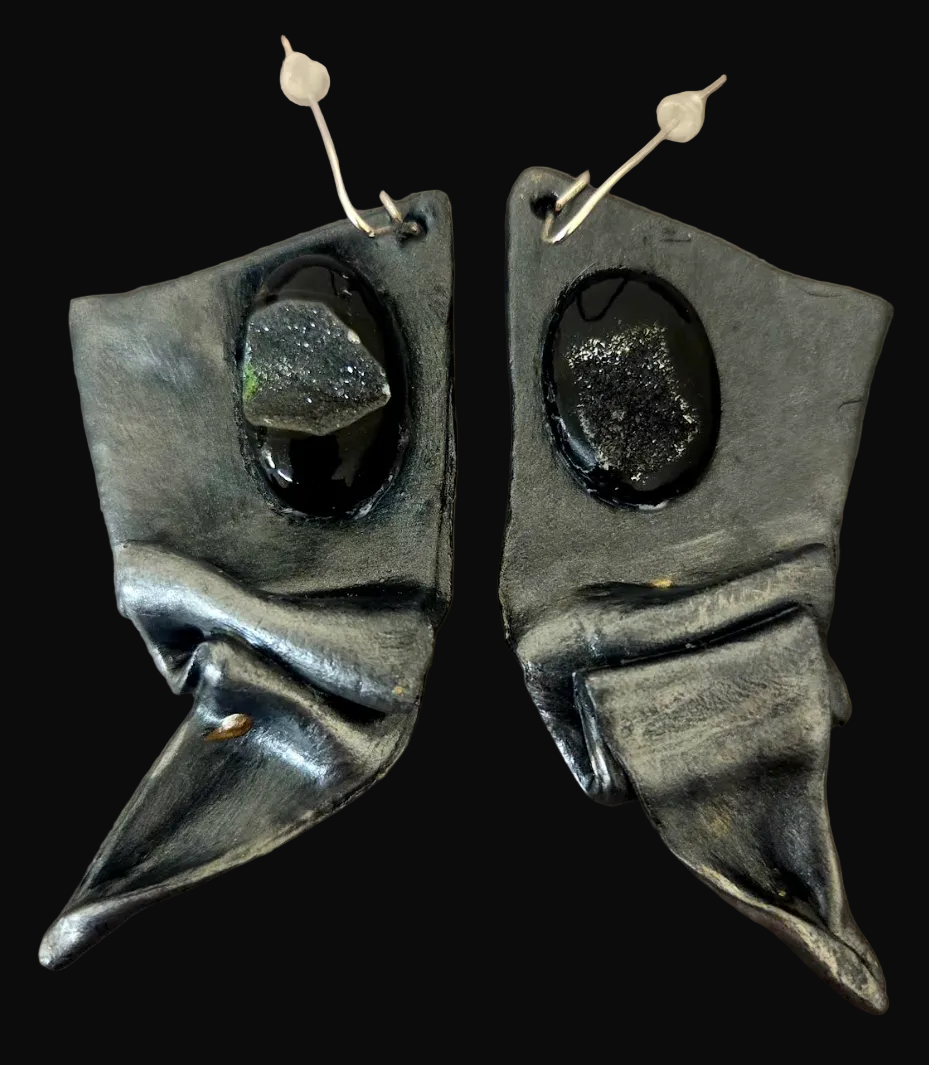Draped & Folded Faux Gunmetal Pierced Earrings - Black Druzy Agate