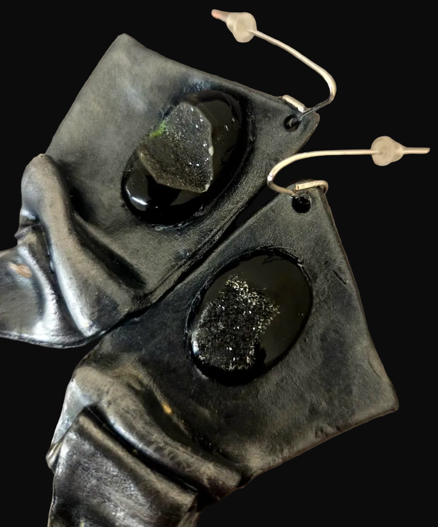 Draped & Folded Faux Gunmetal Pierced Earrings - Black Druzy Agate
