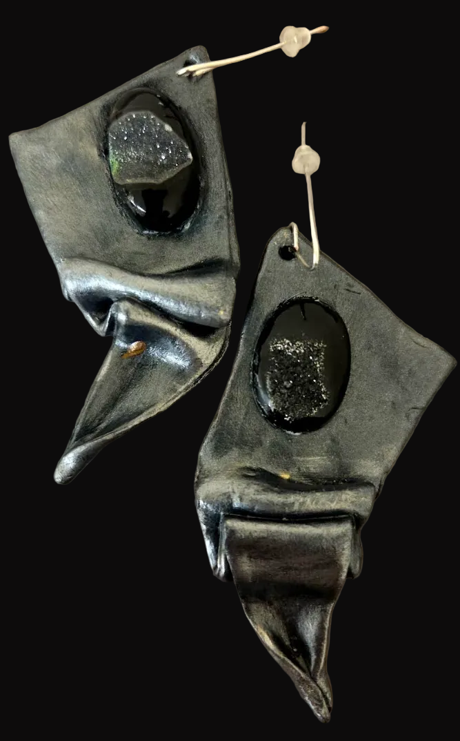 Draped & Folded Faux Gunmetal Pierced Earrings - Black Druzy Agate