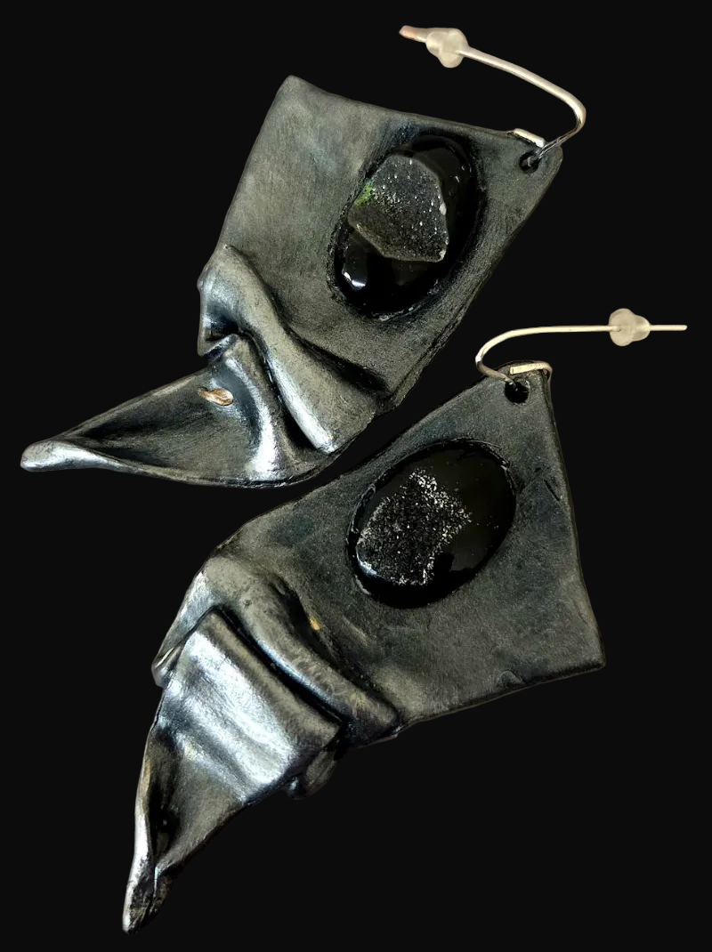 Draped & Folded Faux Gunmetal Pierced Earrings - Black Druzy Agate