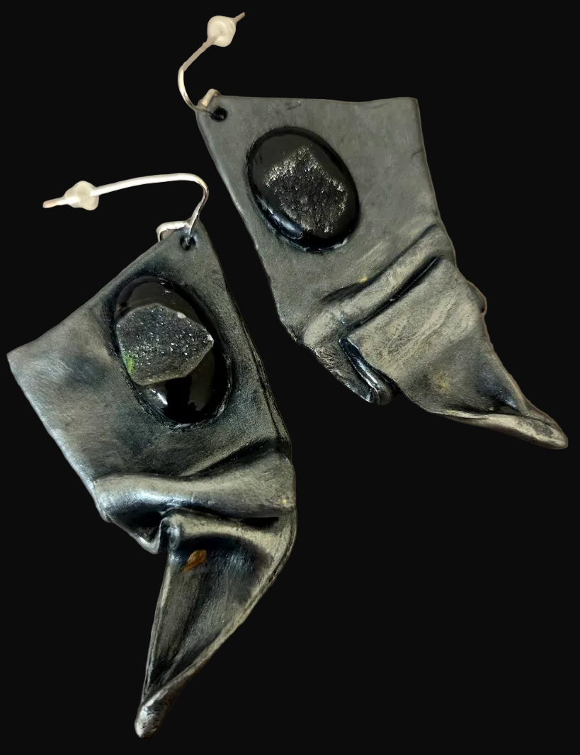 Draped & Folded Faux Gunmetal Pierced Earrings - Black Druzy Agate