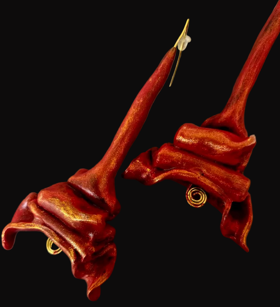 Hand Sculpted Fiery Red & Gold Shoulder Duster Pierced Earrings - Hot