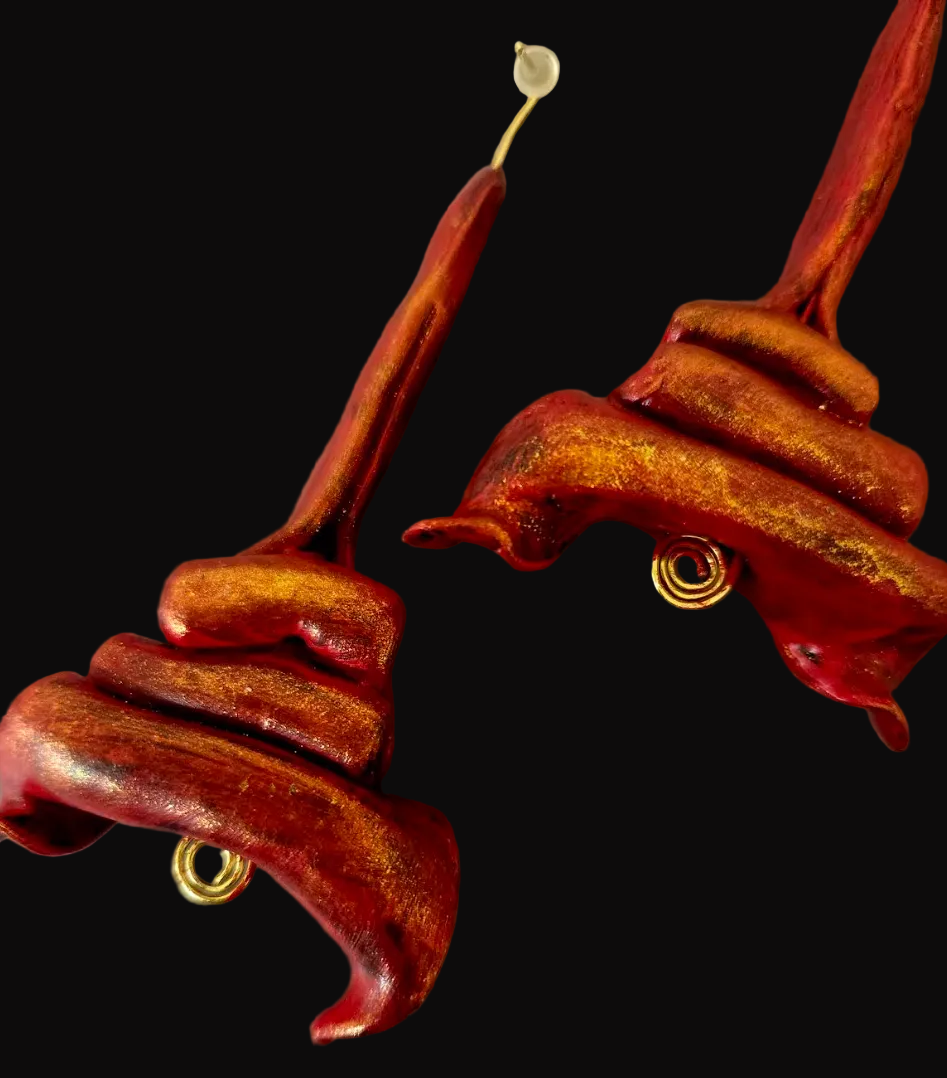 Hand Sculpted Fiery Red & Gold Shoulder Duster Pierced Earrings - Hot