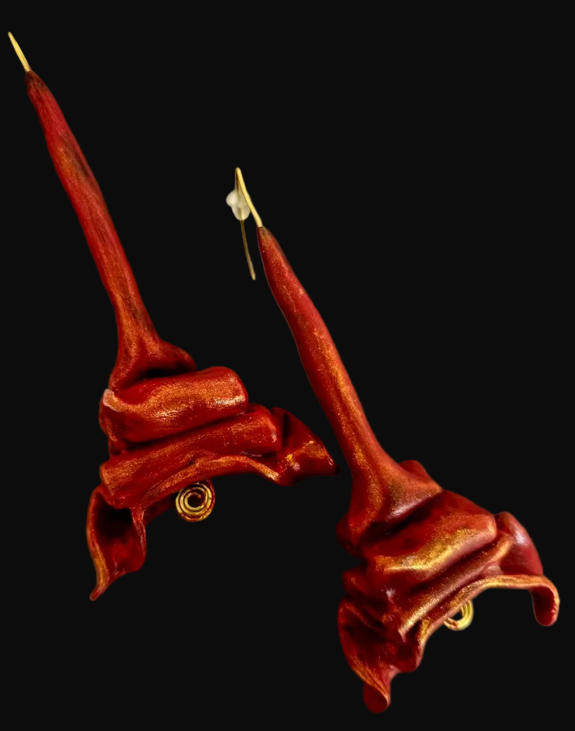 Hand Sculpted Fiery Red & Gold Shoulder Duster Pierced Earrings - Hot