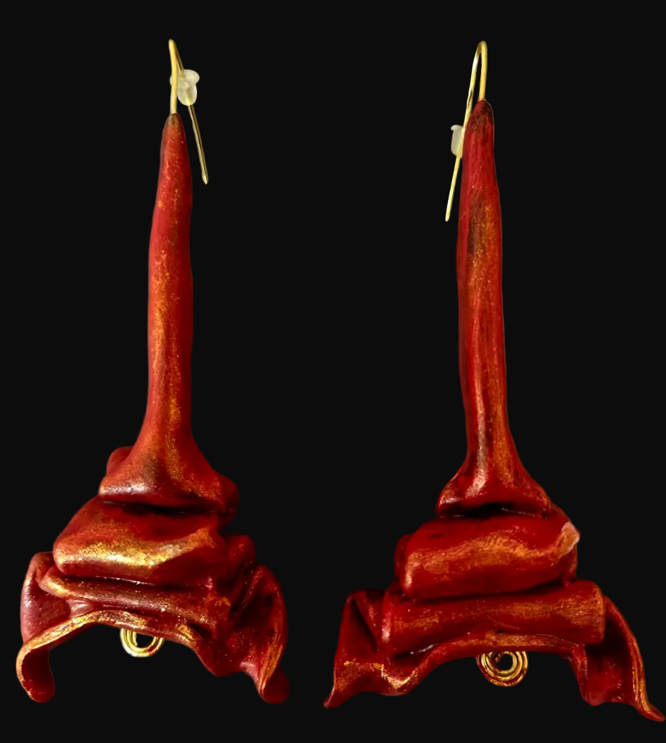 Hand Sculpted Fiery Red & Gold Shoulder Duster Pierced Earrings - Hot