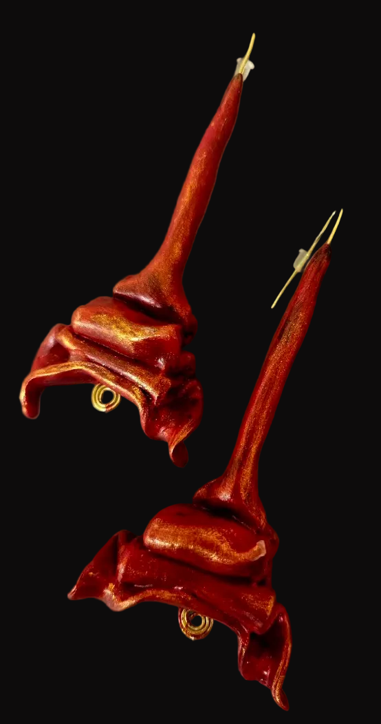 Hand Sculpted Fiery Red & Gold Shoulder Duster Pierced Earrings - Hot