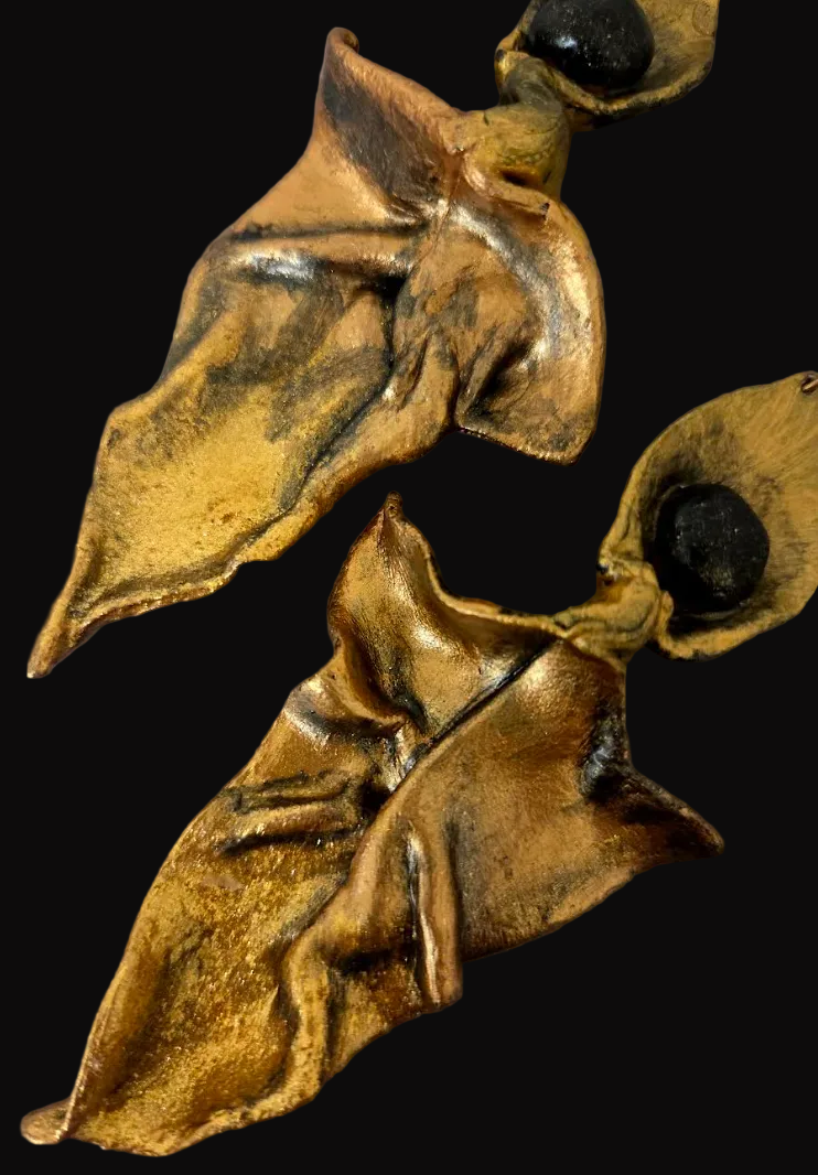 Copper Gold & Black Hand Sculpted Abstract Leaf & Calla Lily Earrings