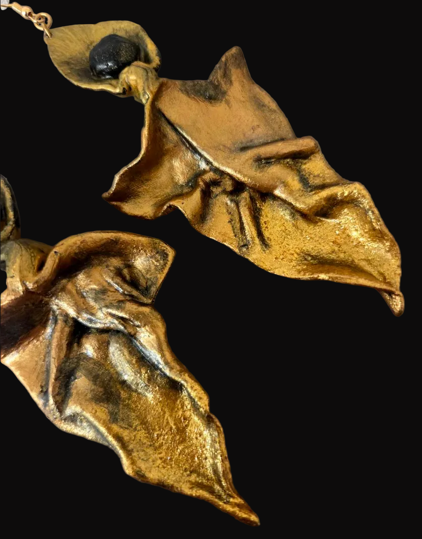 Copper Gold & Black Hand Sculpted Abstract Leaf & Calla Lily Earrings