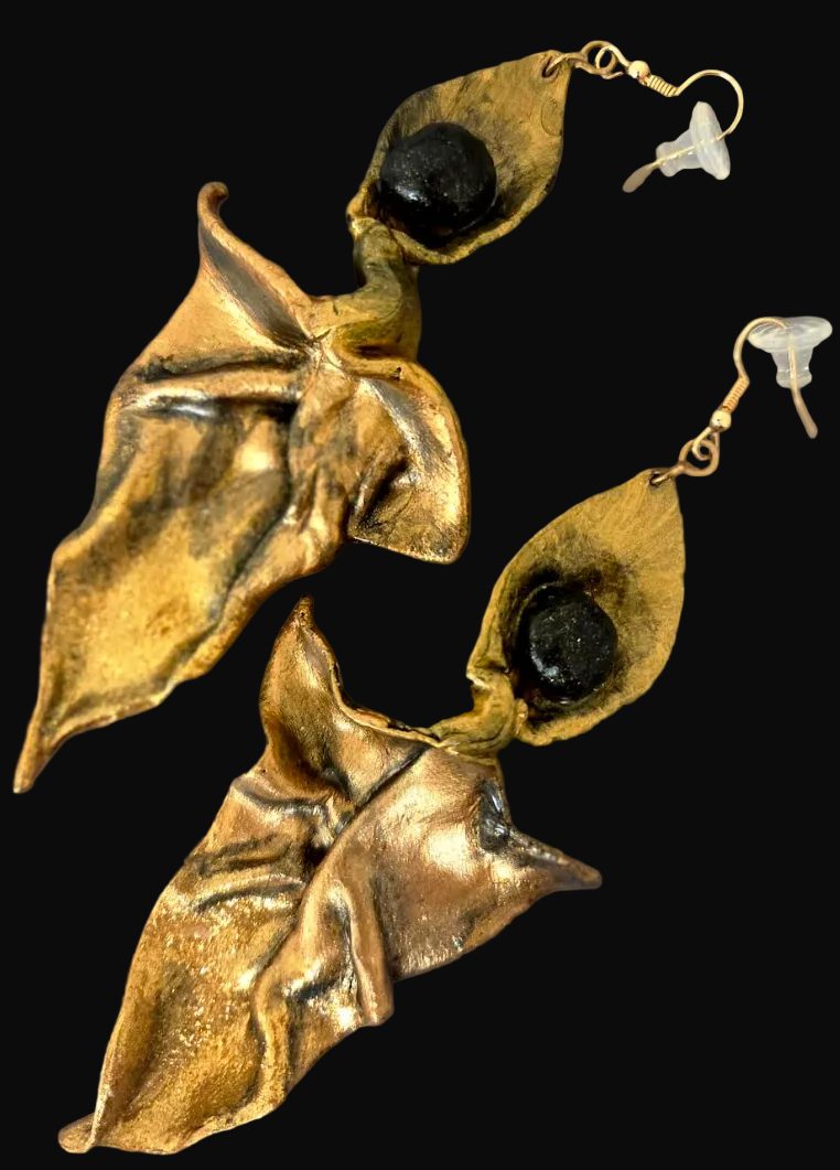 Copper Gold & Black Hand Sculpted Abstract Leaf & Calla Lily Earrings