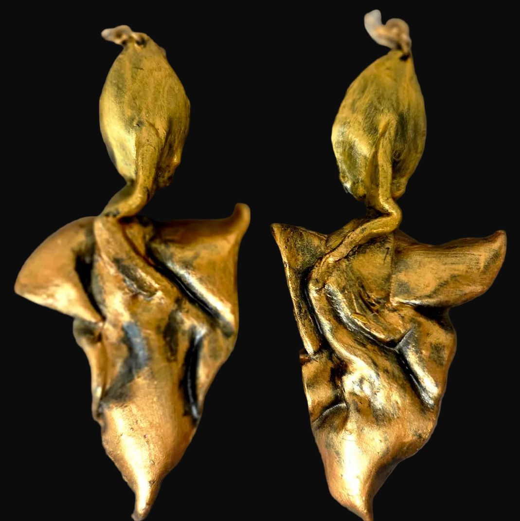 Copper Gold & Black Hand Sculpted Abstract Leaf & Calla Lily Earrings