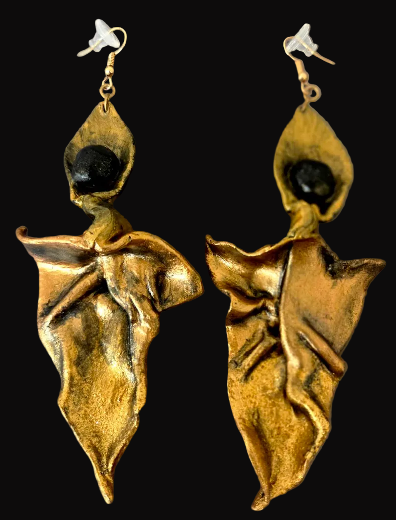 Copper Gold & Black Hand Sculpted Abstract Leaf & Calla Lily Earrings