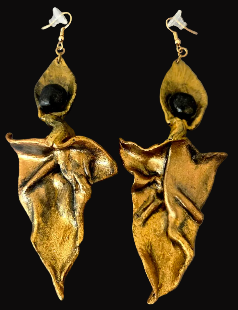 Copper Gold & Black Hand Sculpted Abstract Leaf & Calla Lily Earrings