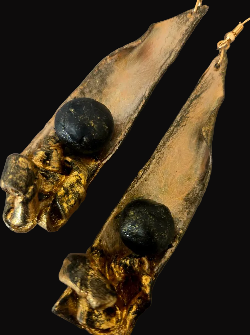 Golden Bronze Hand Sculpted Long Abstract Shoulder Duster Earrings