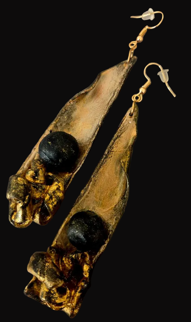 Golden Bronze Hand Sculpted Long Abstract Shoulder Duster Earrings