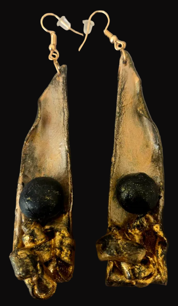 Golden Bronze Hand Sculpted Long Abstract Shoulder Duster Earrings