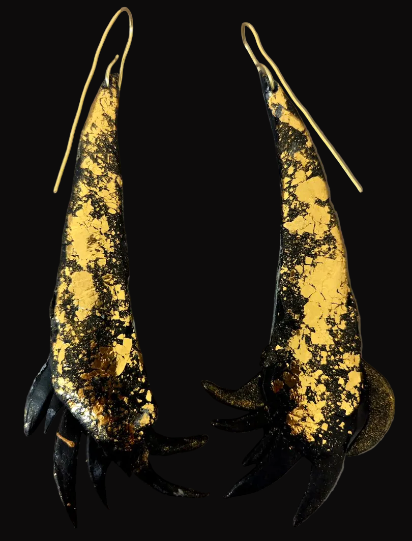 Black & Gold Flame Sculptural Avant Garde Shoulder Duster Earrings