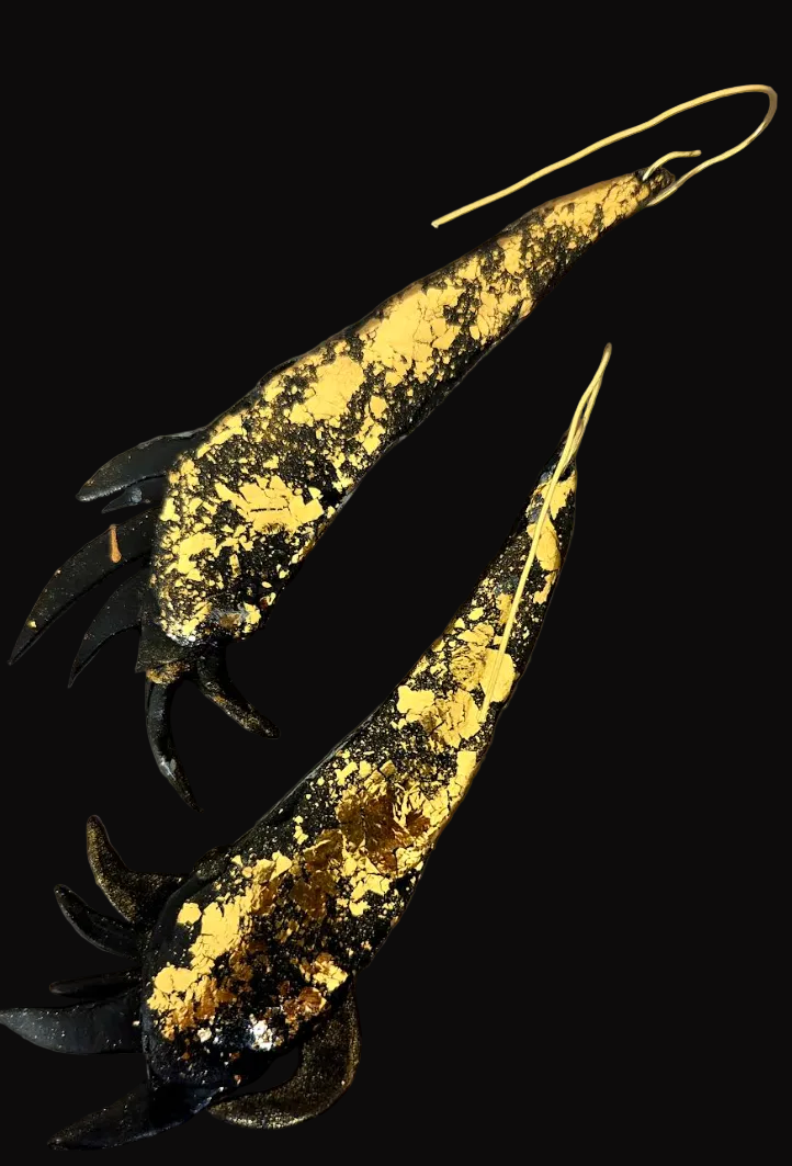 Black & Gold Flame Sculptural Avant Garde Shoulder Duster Earrings