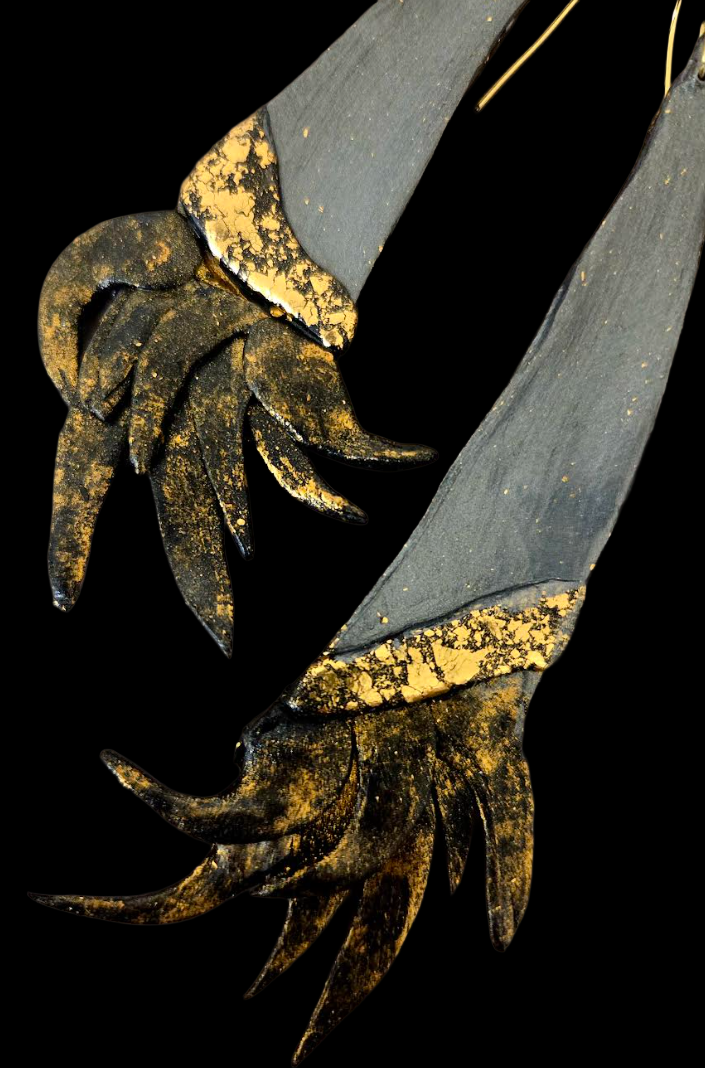 Black & Gold Flame Sculptural Avant Garde Shoulder Duster Earrings