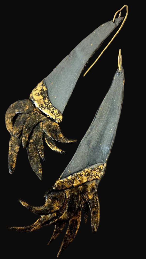 Black & Gold Flame Sculptural Avant Garde Shoulder Duster Earrings