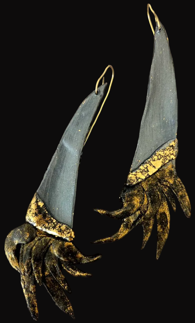 Black & Gold Flame Sculptural Avant Garde Shoulder Duster Earrings