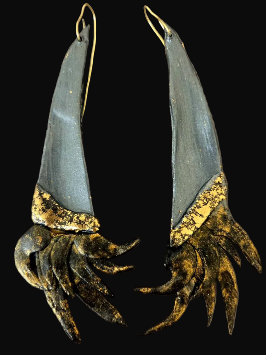 Black & Gold Flame Sculptural Avant Garde Shoulder Duster Earrings