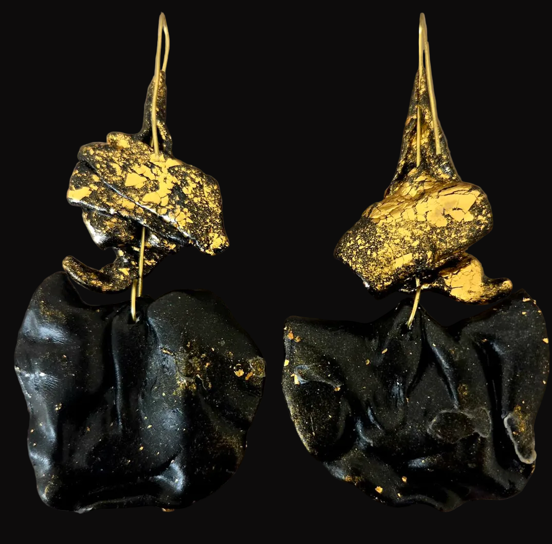 Dramatic Black Sculpted Pierced Earrings with Gold Leaf - OOAK Couture