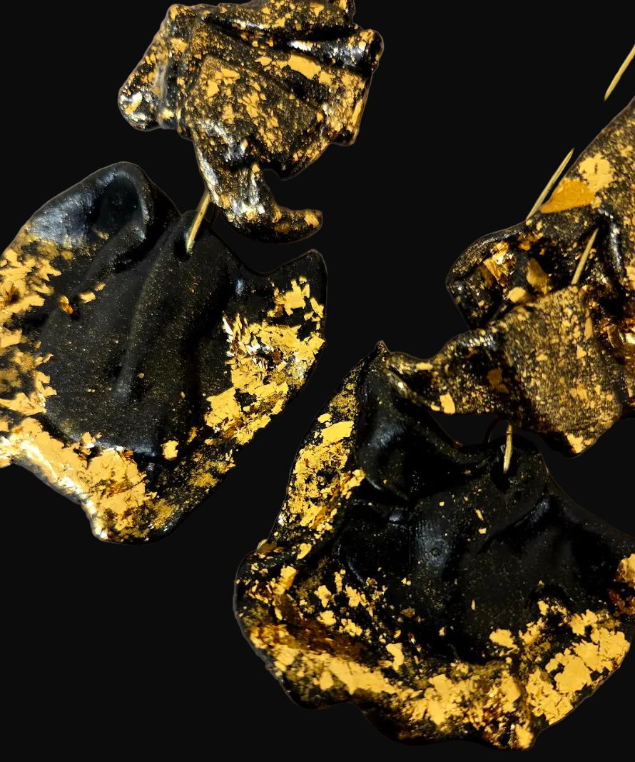 Dramatic Black Sculpted Pierced Earrings with Gold Leaf - OOAK Couture