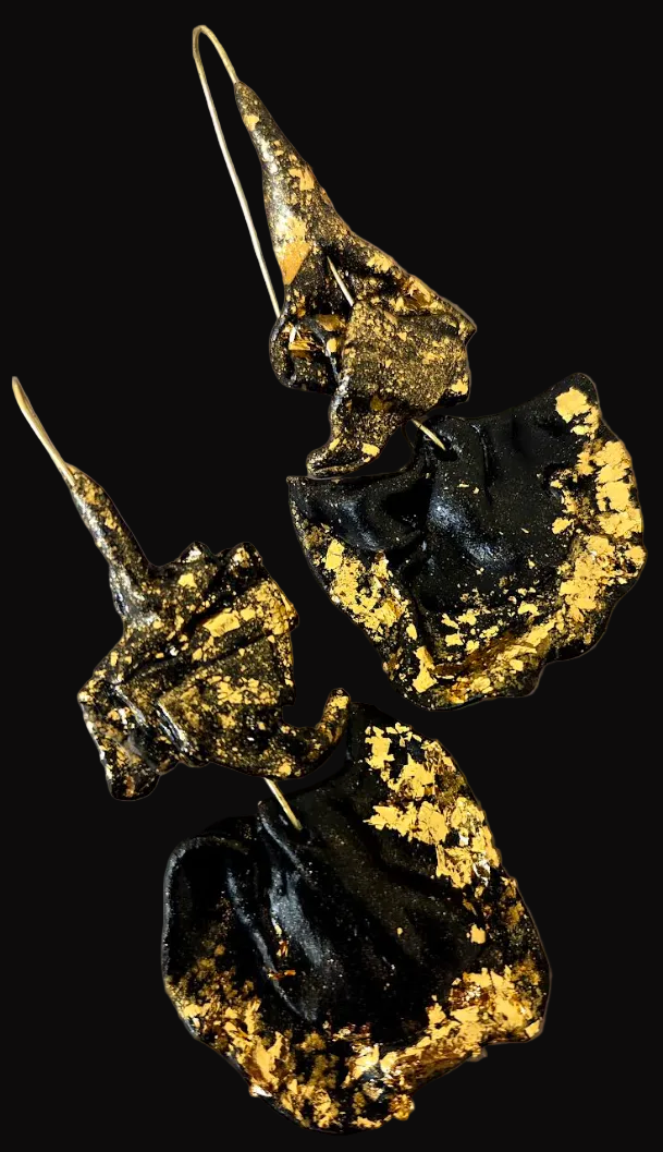 Dramatic Black Sculpted Pierced Earrings with Gold Leaf - OOAK Couture