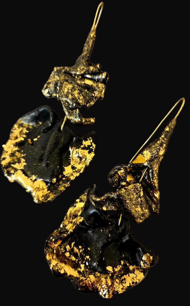 Dramatic Black Sculpted Pierced Earrings with Gold Leaf - OOAK Couture