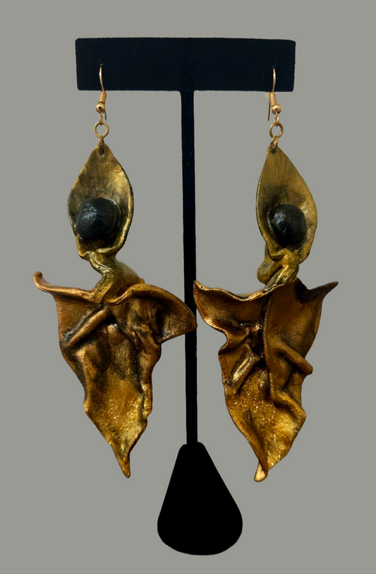 Copper Gold & Black Hand Sculpted Abstract Leaf & Calla Lily Earrings