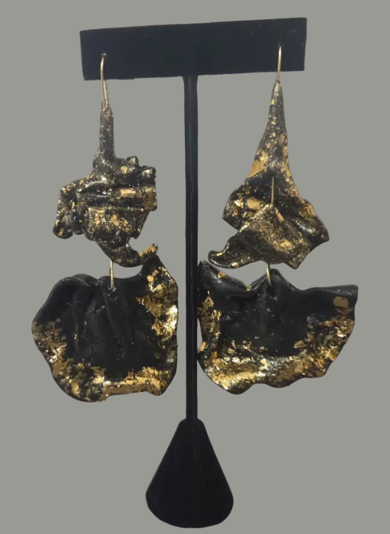 Dramatic Black Sculpted Pierced Earrings with Gold Leaf - OOAK Couture